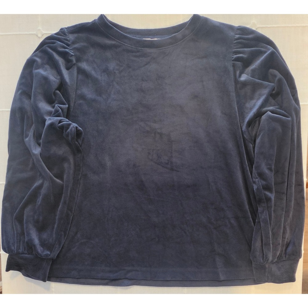 Loft Navy Blue Velour Puff Sleeve Sweatshirt Crew Neck Top XL